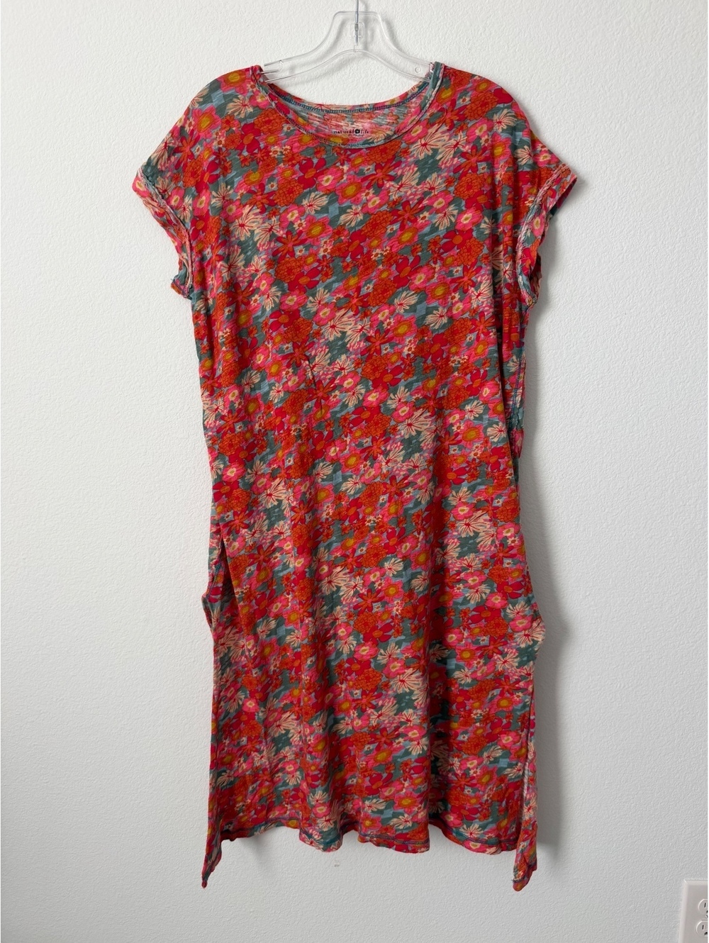 Natural Life Raw Hem Short Sleeve Round Neck Split Side Floral Dress Size XS